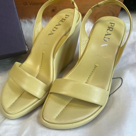 Prada Yellow Cream Leather Slingback Wedge  Platform Sandals  Size 36.5  //  6.5 - Picture 1 of 16